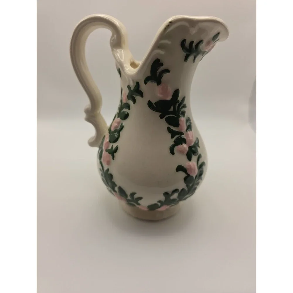 VTG Stoneware Pitcher 1970,  7” Pink Green Hand Painted